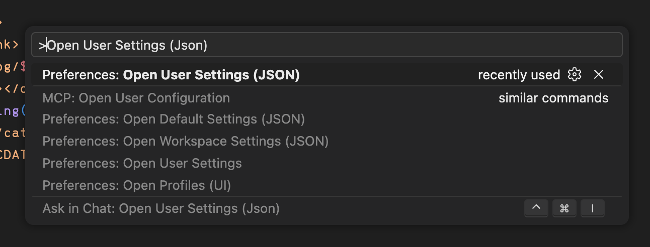Screenshot of Command Palette with "Open User Settings (JSON)