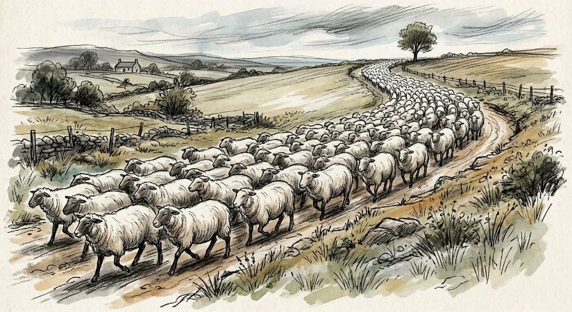 Herd of sheep all walking in one direction — group thinking visual